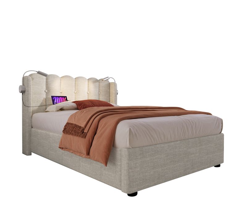 Lit Coffre 90x200 Cm - Lit Simple Avec Ports USB Et Lampe De Lecture - Lin - Beige