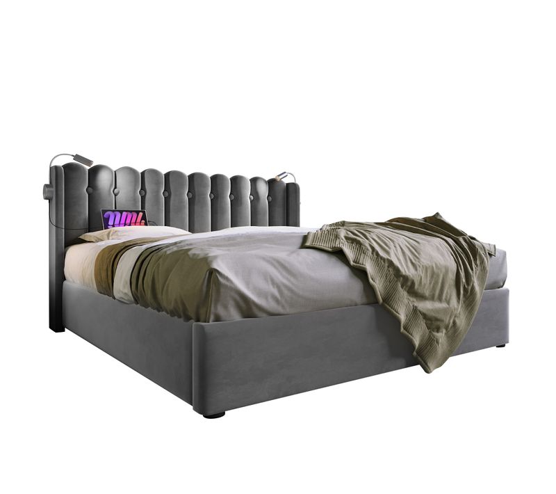 Lit Coffre 140x200 Cm - Lit Double Avec Lampe De Lecture Et Ports USB - Velours - Gris