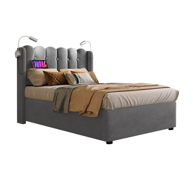 Lit Coffre 90x200 Cm - Lit Simple Avec Ports USB Et Lampe De Lecture - Velours - Gris