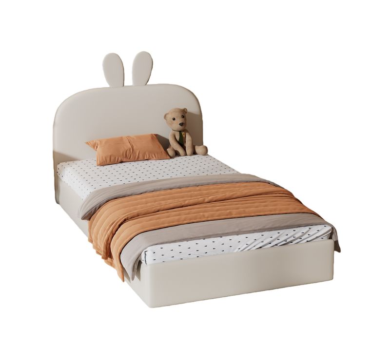 Lit Enfant 90x200 Cm - Lit Avec Tête Capitonnée Design Lapin - Velours - Beige