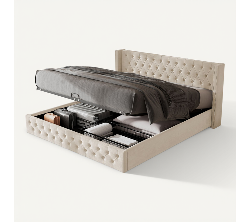 Lit Coffre 180x200 Cm - Lit Double Avec Rangement Sous Le Sommier, Revêtement Velours, Beige