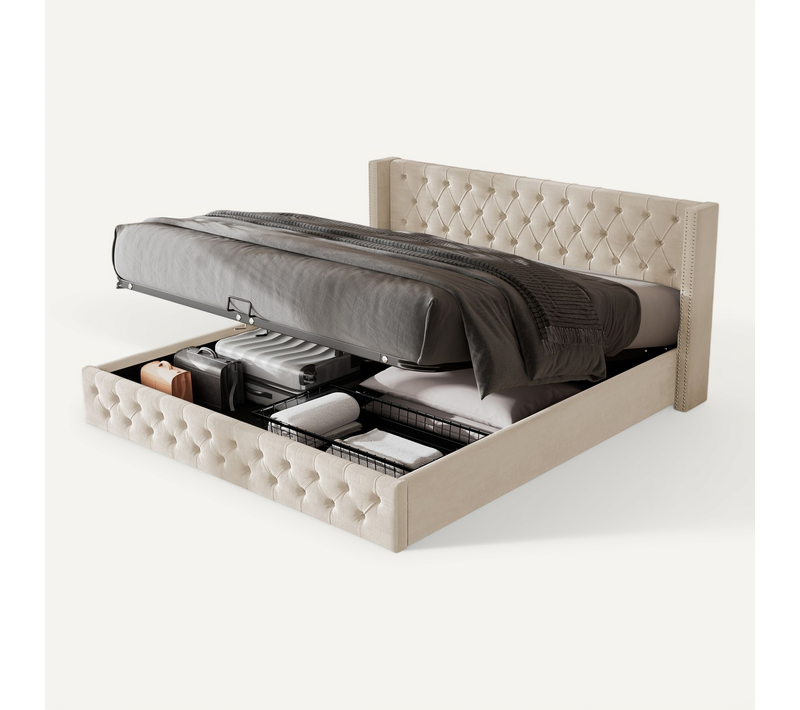 Lit Coffre Double 160x200 Cm - Rangement Hydraulique Et Sommier à Lattes, Velours, Beige