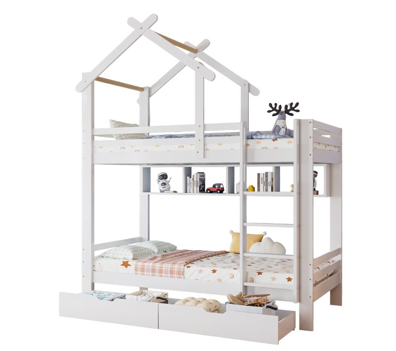 Lit Superposé Enfant 90x200 Cm Avec 2 Tiroirs Et 4 Niches, Structure Pin Et Mdf, Blanc