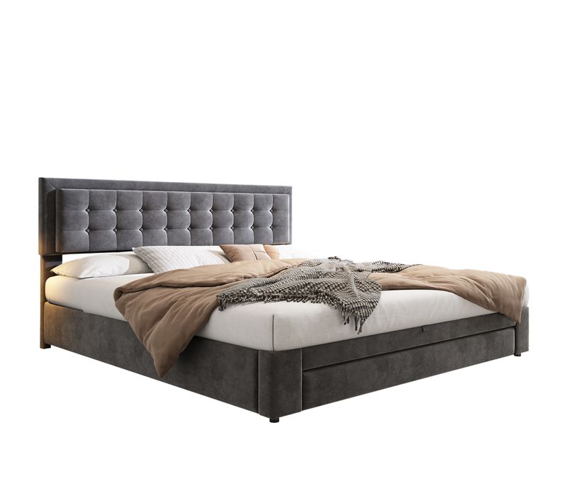 Lit Coffre 160x200 Cm – Coffre Hydraulique Avec Tiroir Et Sommier à Lattes Bois, Velours, Gris