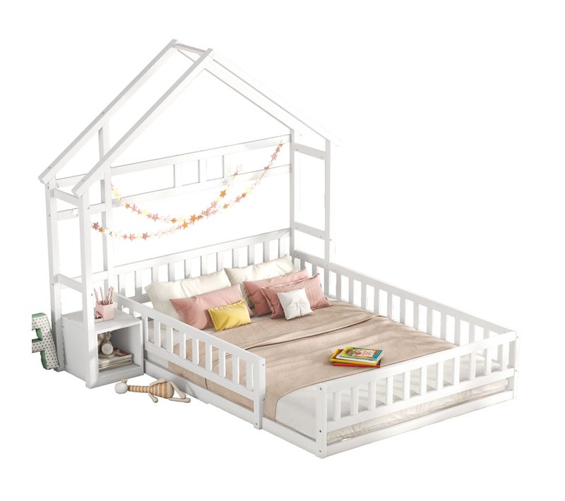 Lit Cabane 140 X 200 Cm - Lit Enfant Avec Balustrade Et Tables De Chevet - Bois + Mdf - Blanc