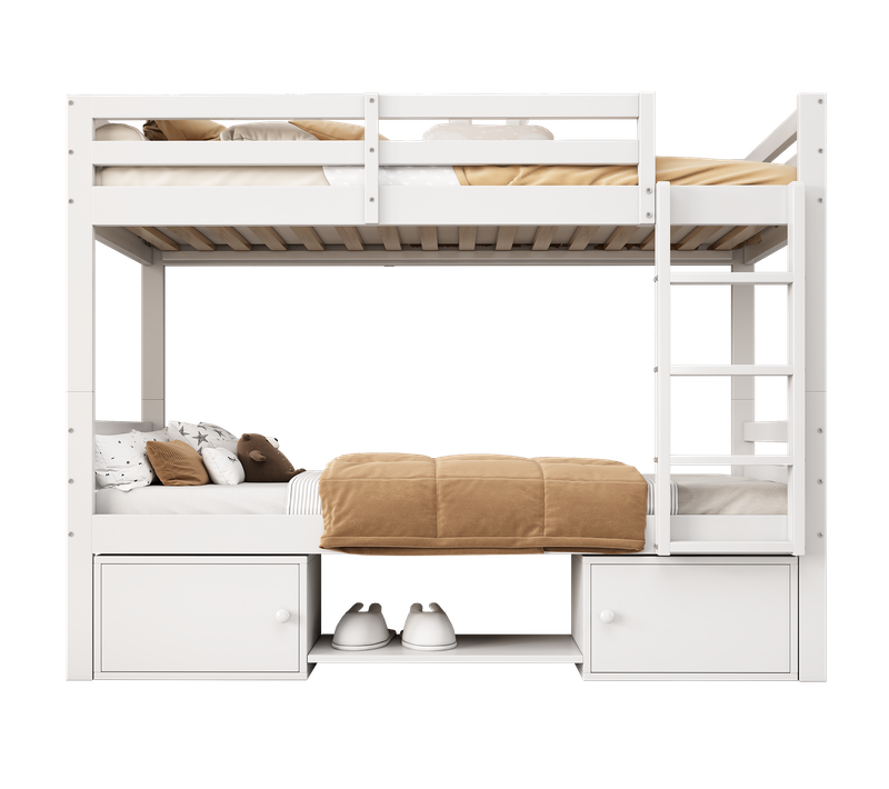 Lit Superposé 90x200 Cm - Lit Enfant Avec 2 Tiroirs Et Porte Chaussures - Mdf + Pin - Blanc