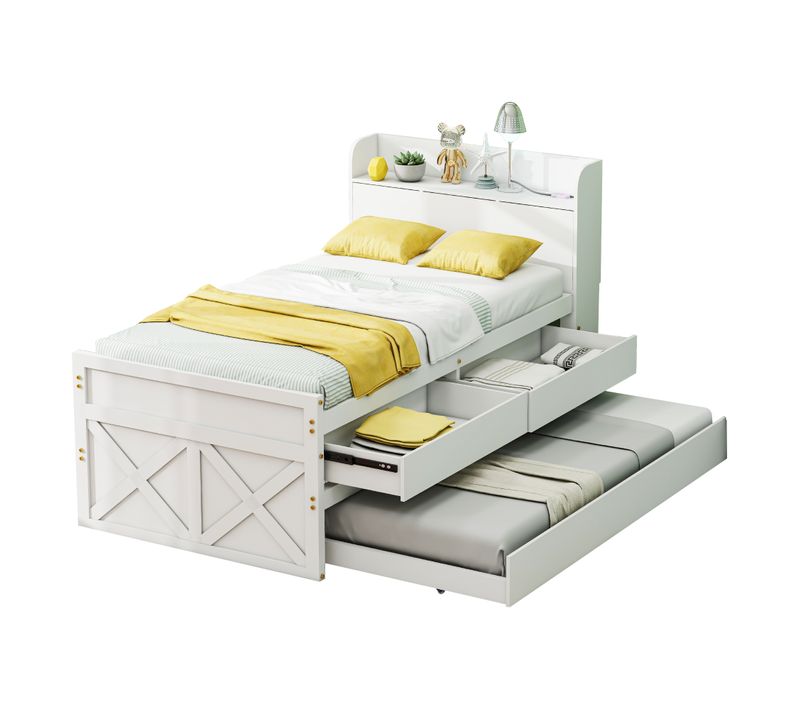 Lit Simple Junior 90x190 Cm – Tiroir Coulissant, Chevet, Étageres Et Prise USB, Bois Massif, Blanc