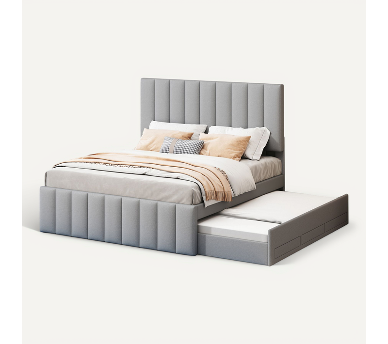 Lit Gigogne Double 140x200 Cm - Tiroirs Et Lit Enfant 90x190 Cm, Structure En Mdf Et Lin, Gris