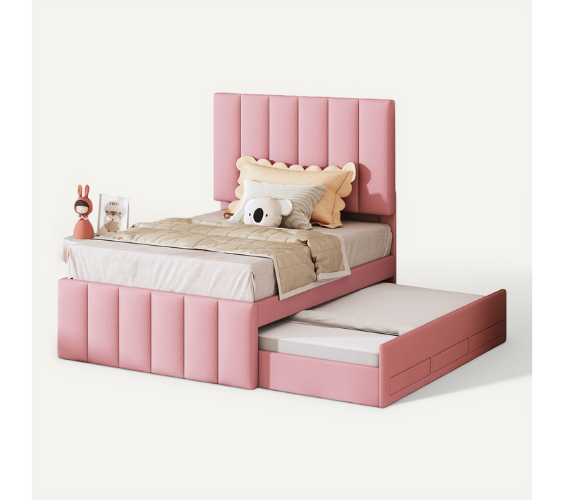 Lit Gigogne Simple Enfant 90x200 Cm - Tiroirs Et Couchage D'ombre, Revêtement En Lin Doux, Rose