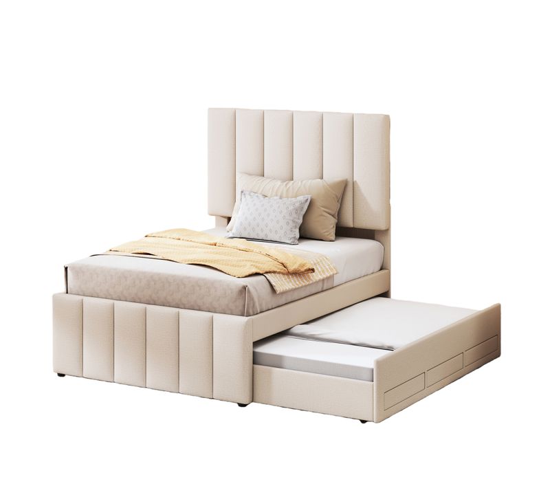 Lit Gigogne 90x200 Cm - Lit Simple Enfant Avec Tiroirs Et Lit D'appoint, Revêtement En Lin, Beige