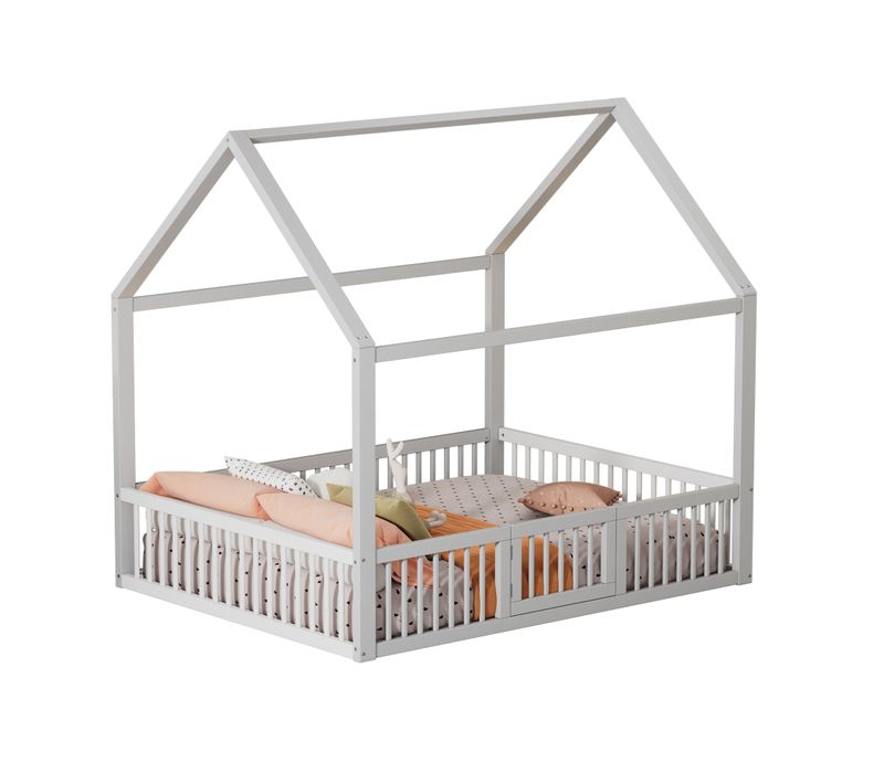 Lit Cabane 140 X 200 Cm - Lit Double Avec Cadre En Bois Et Sommier à Lattes - Pin + Mdf - Blanc