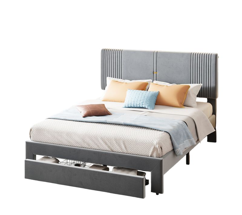 Lit 140x200 Cm Double Capitonné Avec Tiroir, Bande LED, Prise USB, Velours Gris