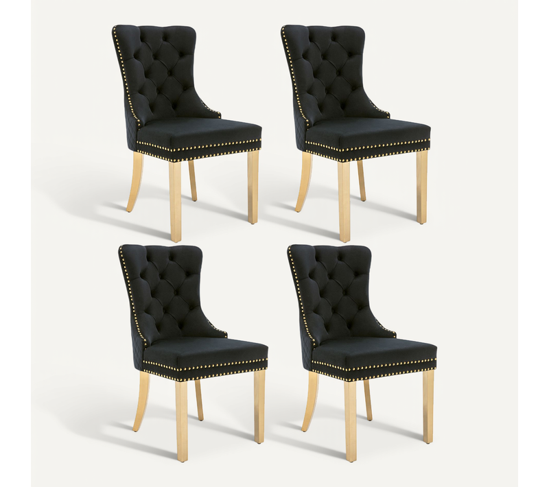 Lot De 4 Chaises Salle à Manger, Dossier Anneau, Assise Velours, Structure Métal, Noir