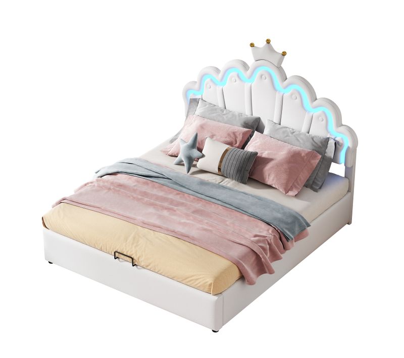 Lit Coffre 140x200 Cm - Lit Double Enfant Avec Lumière D'ambiance Réglable, Capitonné, Mdf, Blanc