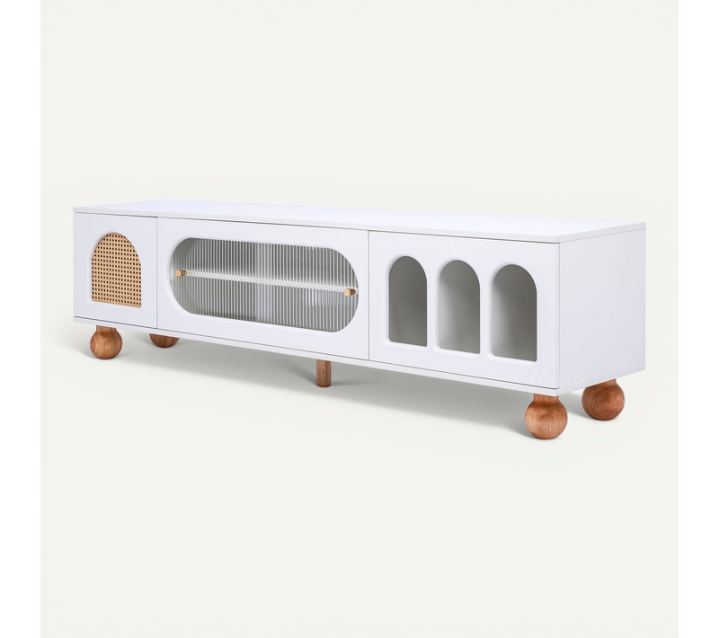 Meuble TV Avec Porte En Rotin Et Porte Coulissante En Verre - Panneau De Particules - Blanc Et Bois