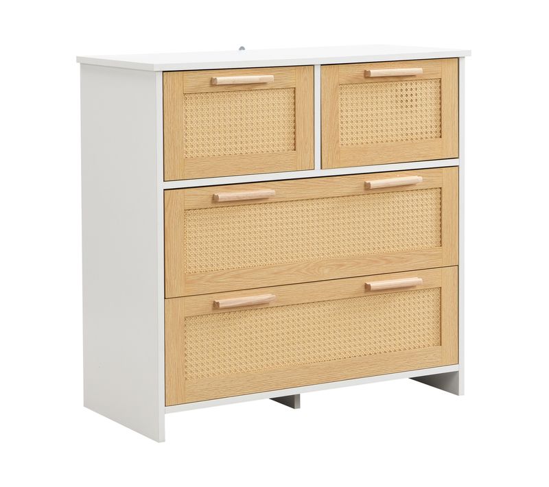 Commode - Bois Et Rotin 4 Tiroirs Avec Poignées, Design Naturel Moderne, Mdf+, Naturel/blanc
