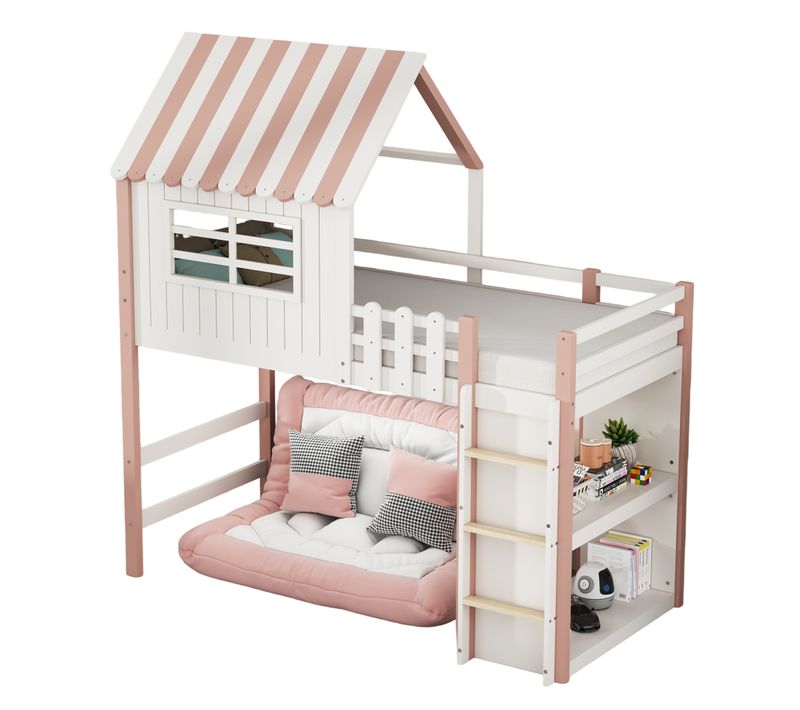 Lit Mezzanine 90x200 Cm - Lit Cabane Enfant Avec Échelle De Sécurité, Rangement, Massif Mdf Rose