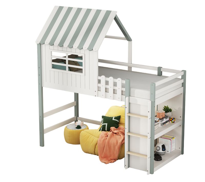 Lit Mezzanine 90x200 Cm - Lit Cabane Enfant Avec Échelle De Sécurité, Rangement, Massif Mdf Vert