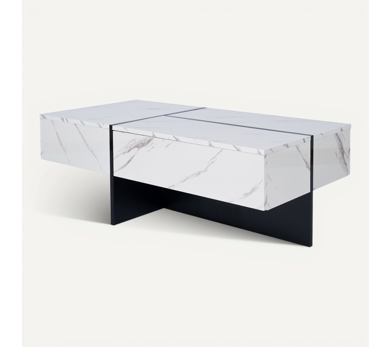 Table Basse Moderne Effet Marbre, LED Pilotée Via Appli, 3 Tiroirs, Panneaux Particules, Blanc