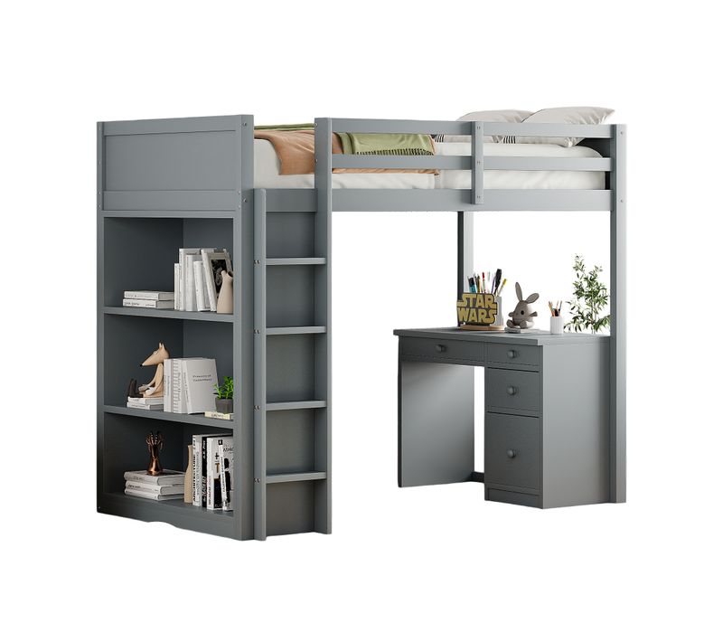 Lit Mezzanine 90x200 Cm - Lit Enfant Avec Bureau Et Rangement, Lit Combiné En Bois De Pin Gris