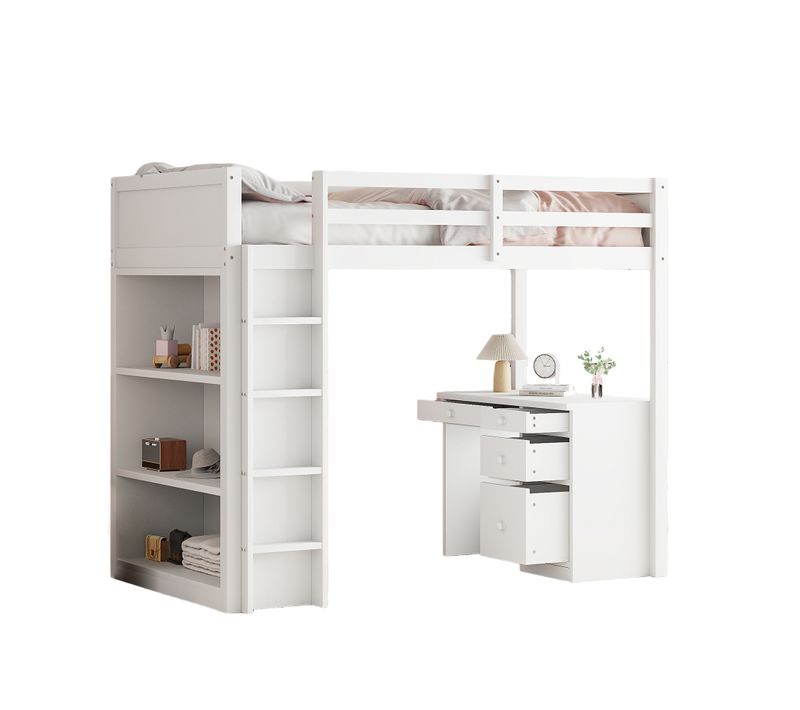 Lit Mezzanine 90x200 Cm - Lit Enfant Avec Bureau Et Rangement, Lit Combiné En Bois De Pin Blanc