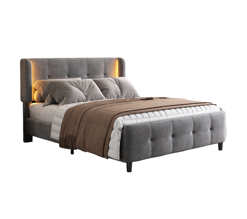 Lit Double 140x200 Cm - Lit Capitonné Avec Bandes LED 16 S - Velours Gris