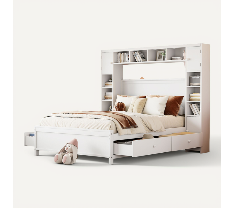 Lit Double 140x200 Cm - Rangement Avec 4 Tiroirs Et Grand Placard Intégré - Bois/mdf - Blanc