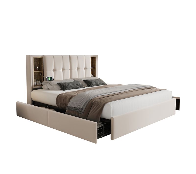 Lit Double 160x200 Cm Avec 4 Tiroirs, Charge Sans Fil, USB Type-c, Velours Beige