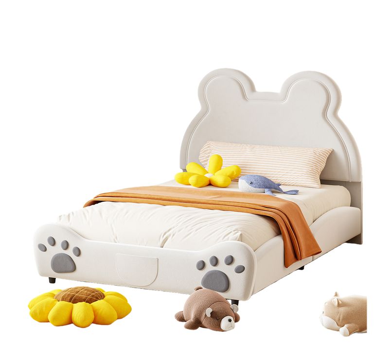 Lit Enfant Double Capitonné 140x200 Cm - Forme D'ours, Design Doux Et Confortable, Velours, Blanc