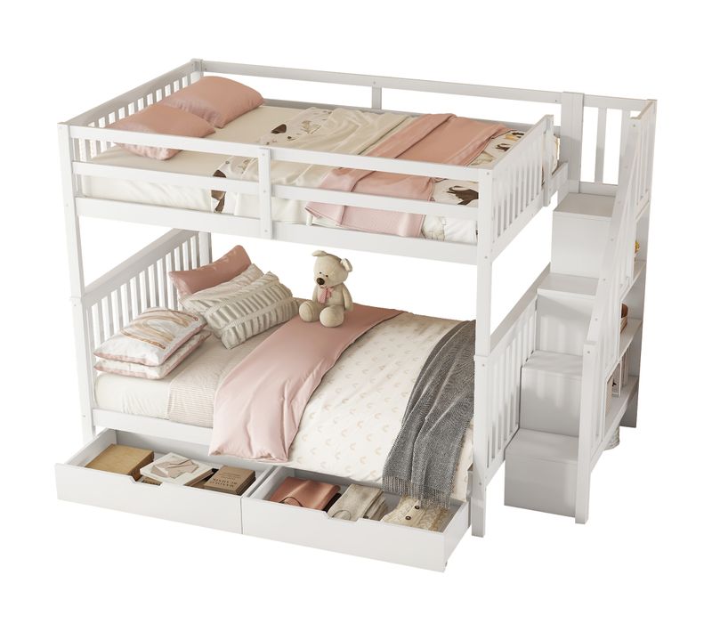 Lit Superposé Junior 140x200 Cm - Étagère Escalier Et 2 Tiroirs - Bois De Pin Et Mdf - Blanc