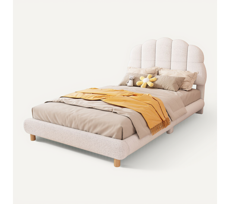 Lit Simple 90x200 Cm - Lit Enfant Junior Avec Tête De Lit En Peluche - Blanc
