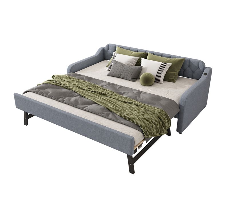 Lit Gigogne 90x200 Cm - Lit Simple Avec Rollbed Extensible Et Port USB, En Lin Et Mdf, Gris