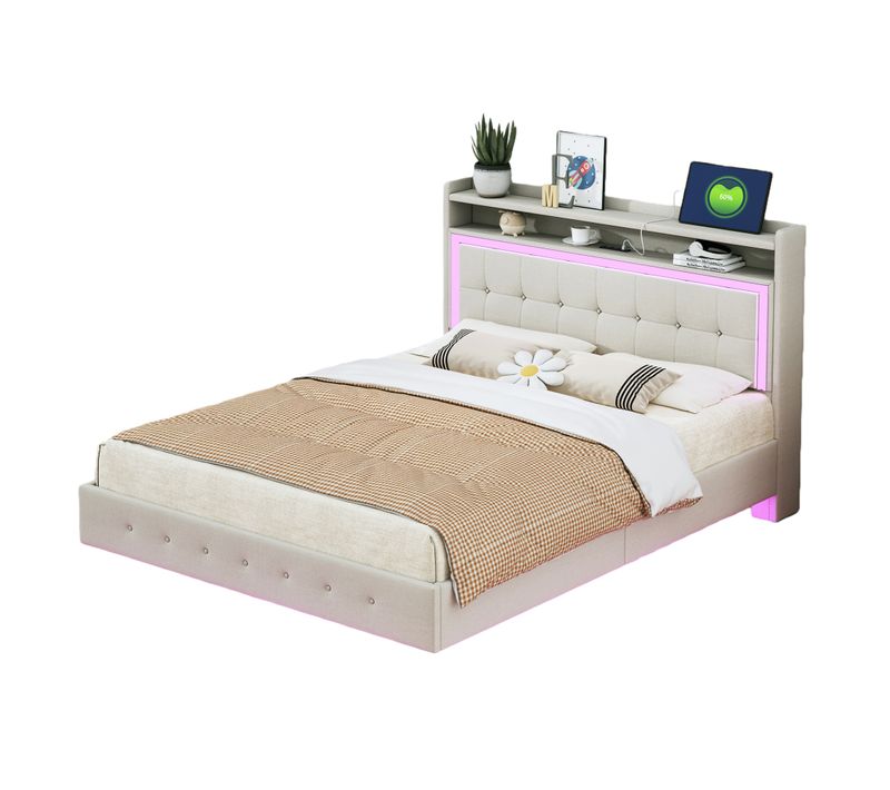 Lit Double 140x200 Cm - Lit Rembourré Adulte Avec LED Intégrée Et Port USB, Pieds Cachés Lin Beige