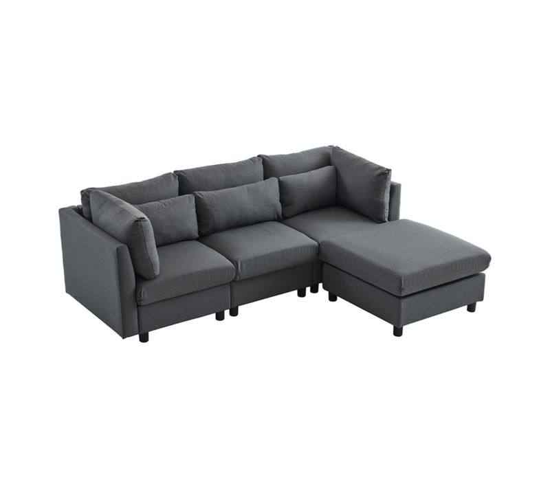 Canapé D’angle L 4 Places, Pouf, Méridienne Et Coussins, Style Moderne, Tissu Lin - Gris