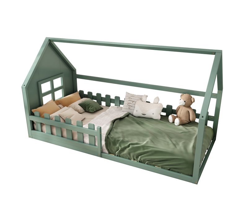 Lit Cabane 90 X 200 Cm - Lit Enfant Avec Barrières De Sécurité - Pin + Mdf - Vert