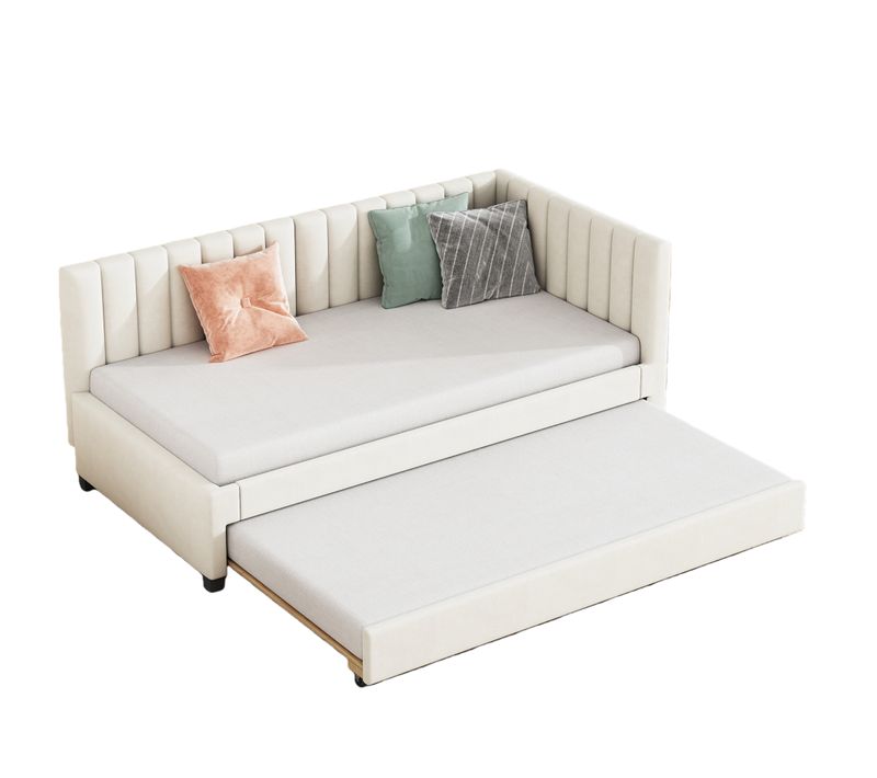 Lit Gigogne Enfant 90x200 Cm - Lit D’appoint Avec Sommier, Rangement Intégré, Velours Beige