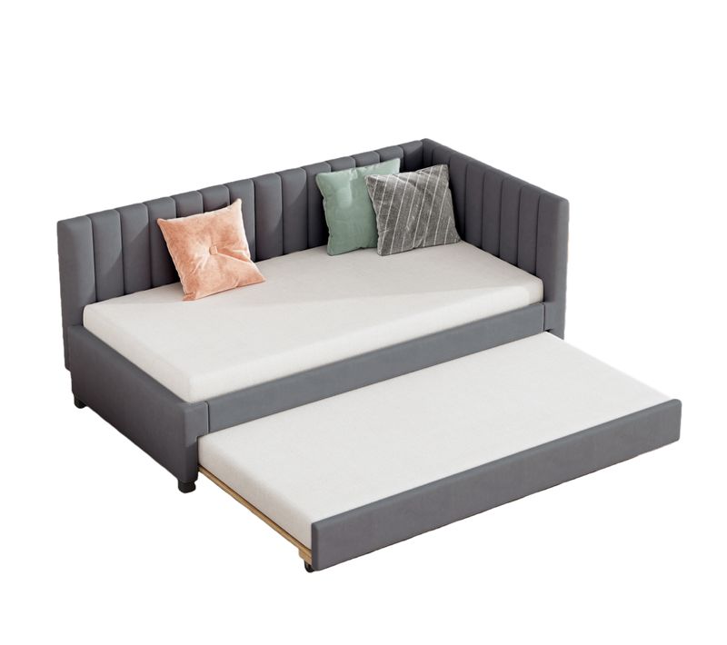 Lit Gigogne Enfant 90x200 Cm - Lit D’appoint Avec Sommier, Velours Gris