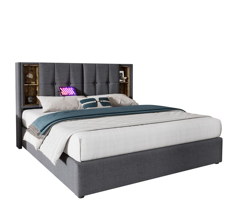 Lit Coffre 180×200 Cm Capitonné Avec Rangement, Charge Sans Fil Et USB-c, Sommier, Coton Gris