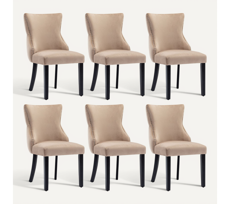 Lot De 6 Chaises Salle à Manger Modernes En Velours, Dossier Boutonné, Pieds Bois , Beige