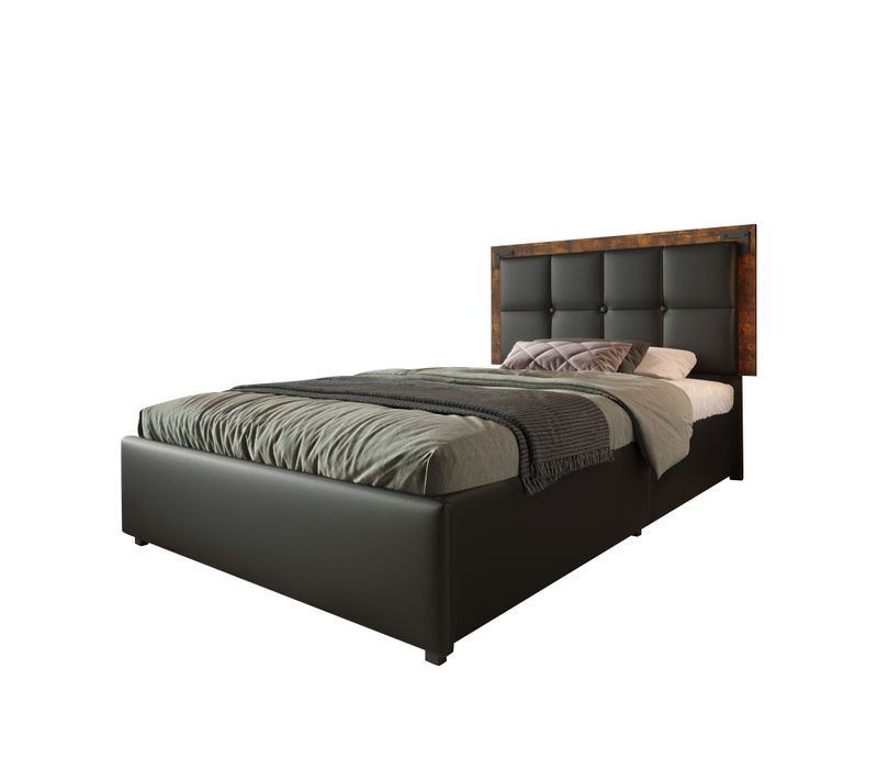 Lit Simple Capitonné 90x200 Cm - Rangement Avec 4 Tiroirs, Bandeau LED Et Tête Réglable, Pu, Noir