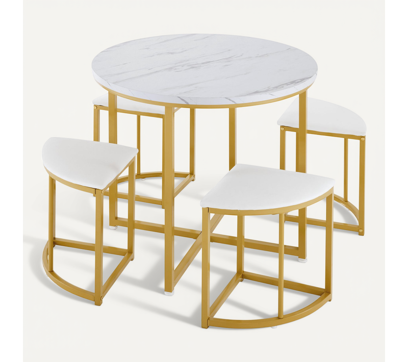 Ensemble Table Et Chaises Salle à Manger, 4 Pers., Table Mdf, Chaises Velours Pieds Dorés, Blanc