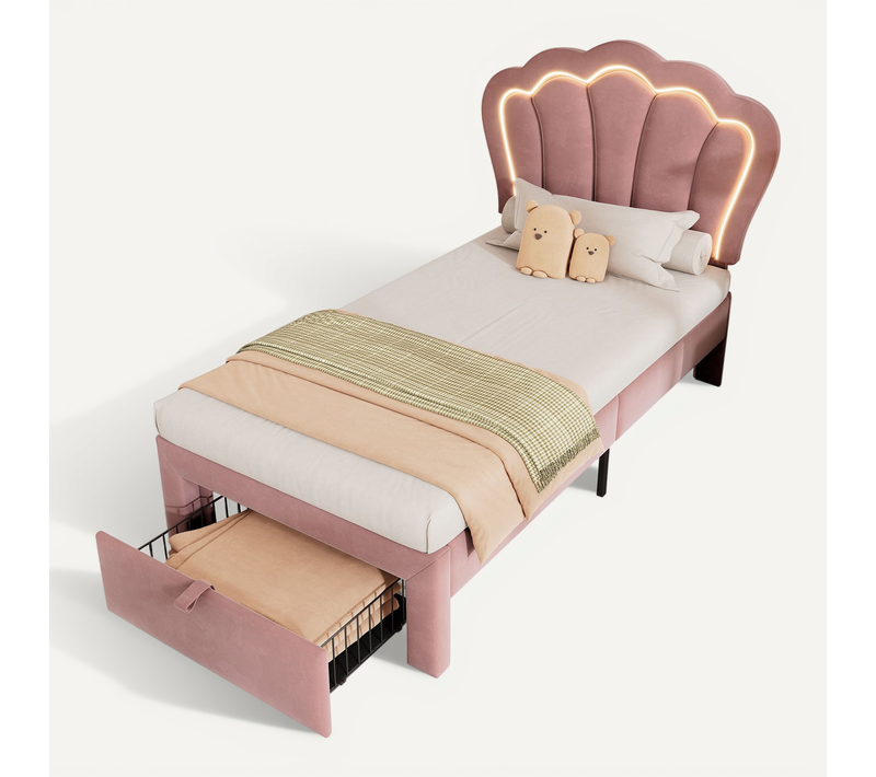Lit Enfant Capitonné 90x200 Cm, Rangement Tiroirs, LED App-control, Tête Réglable, Velours, Rose