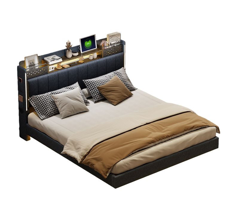 Lit Double 160x200 Cm - Avec Coffre De Rangement, LED Et Port USB Intégré, Tissu Lin, Gris