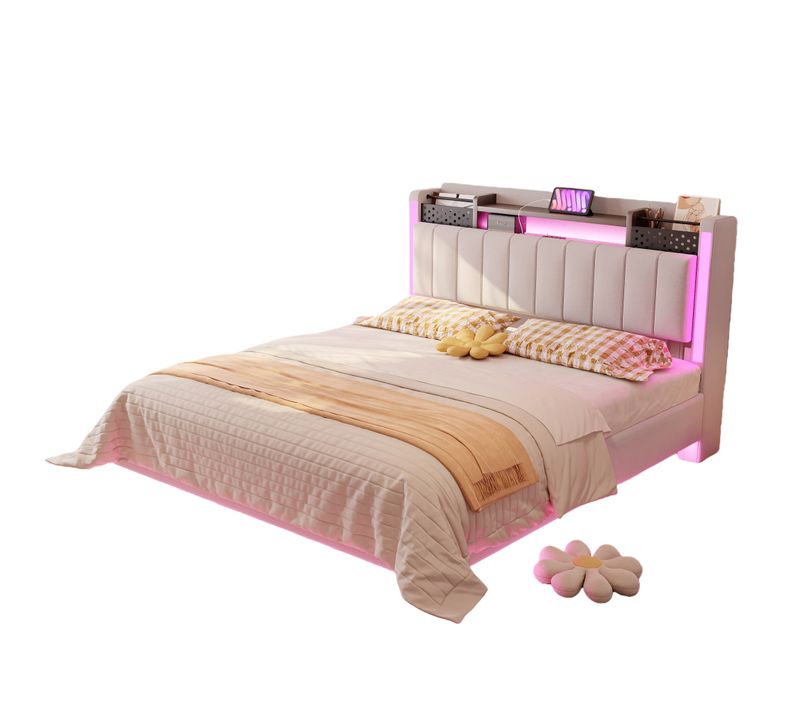 Lit Avec Rangement 140x200 Cm - Lit Double Capitonné Avec éclairage LED -  Lin + Métal - Beige
