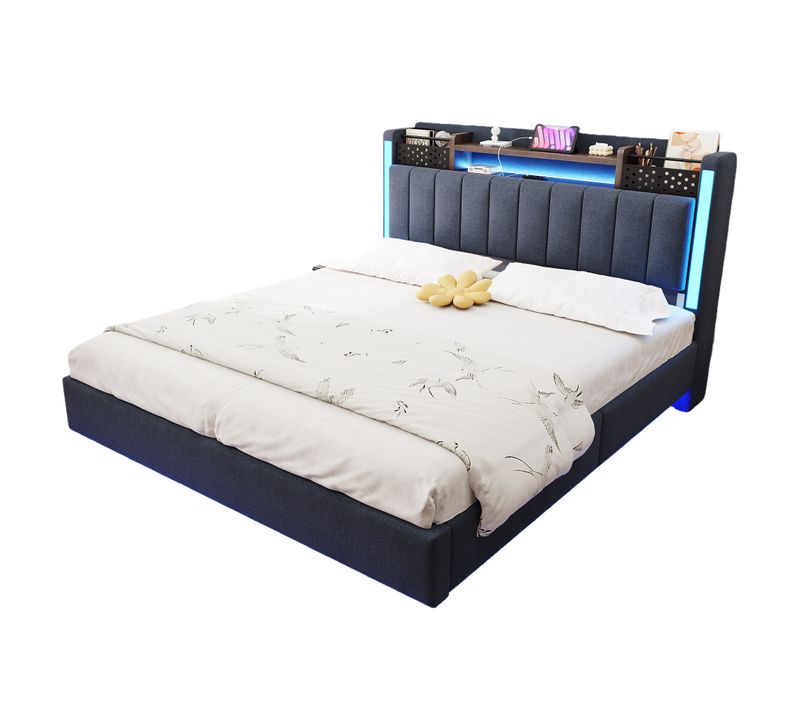 Lit Avec Rangement 140x200 Cm - Lit Double Capitonné Avec Éclairage LED -  Lin + Métal - Gris