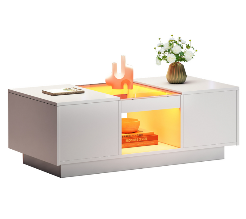 Table Basse LED Rectangulaire, Plateau Verre, 2 Tiroirs, 1 Niche, Mdf, Blanc