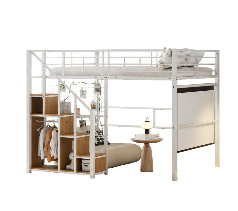 Lit Mezzanine Enfant 140x200 Cm - échelle De Sécurité Et Rangement Intégré, Métal Blanc