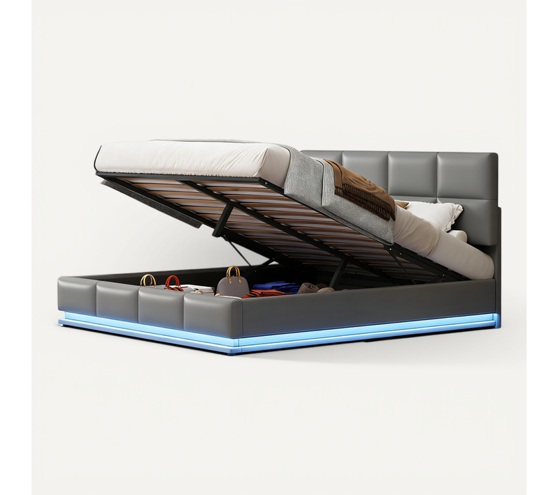 Lit Coffre 180x200 Cm, Hydraulique, éclairage LED, Grand Rangement, Simili Gris Clair