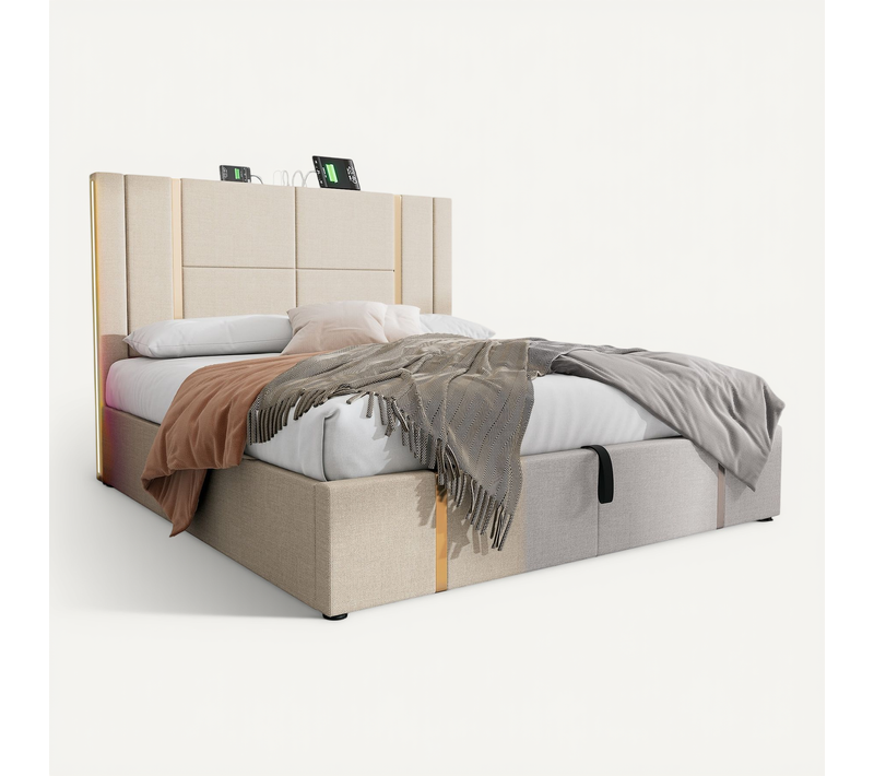 Lit Coffre 180x200 Cm - Lit Double Capitonné Avec LED Et USB Type C - Textile En Lin - Beige