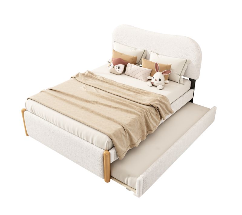 Lit Gigogne 140x200 Cm - Lit Double Avec Lit Tiroir Rembourré Moderne Pour Enfants, Peluche - Blanc